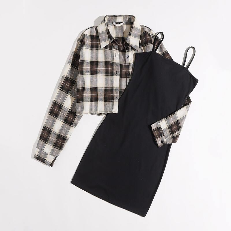 

Solid Cami Dress & Plaid Button Front Blouse, Multicolor