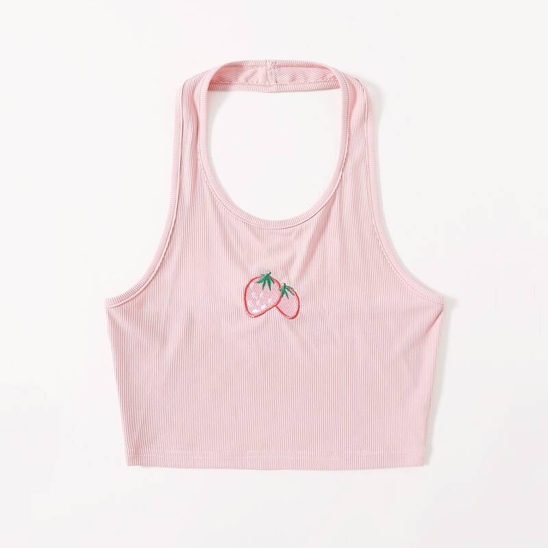 

Strawberry Embroidery Halter Crop Top, Baby pink