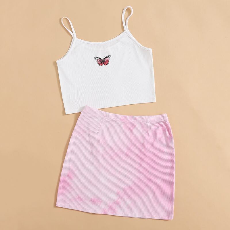 

Butterfly Graphic Crop Cami & Tie Dye Ribbed Skirt, Multicolor