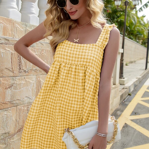 

Ruffle Strap Gingham Smock Dress, Yellow
