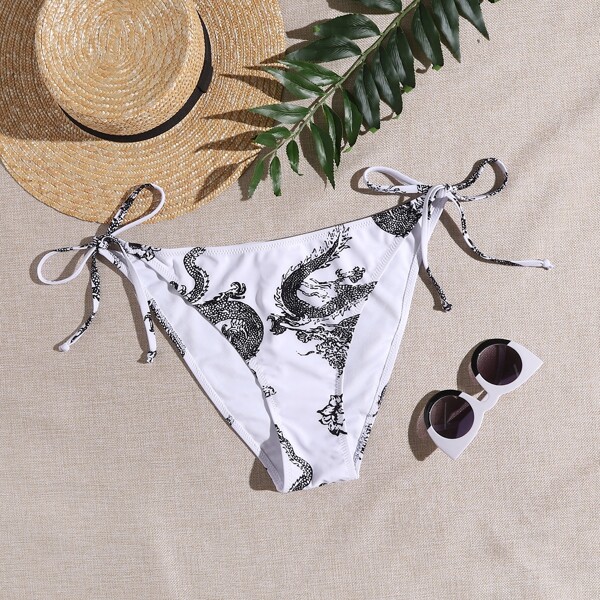 

Plus Chinese Dragon Pattern Tie Side Bikini Panty, Black and white