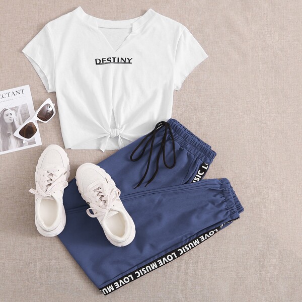

Destiny Tie-Front Tee & Drawstring Joggers Set, Blue and white