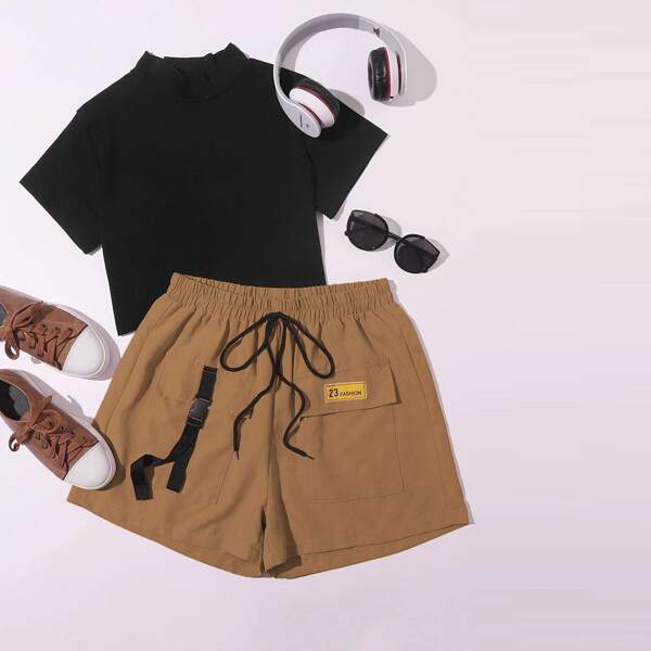 

Solid Mock Neck Tee & Flap Pocket Shorts, Multicolor