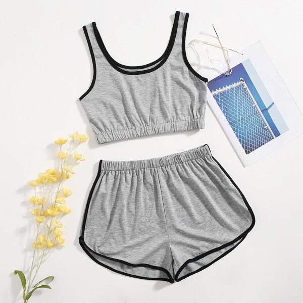 

Contrast Binding Crop Tank Top With Track Shorts, Light grey