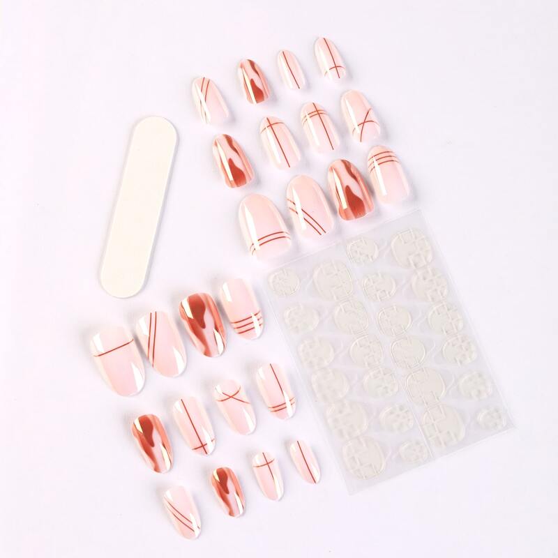 

24pcs Striped Fake Nail & 1sheet Tape & 1pc Nail File, Pink
