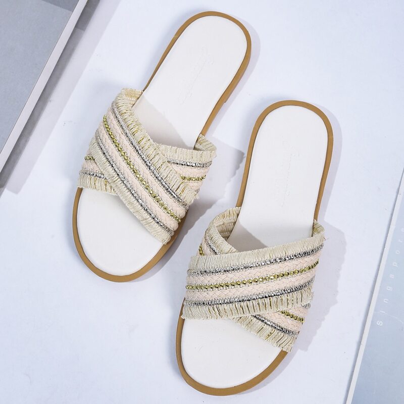 

Tassel Trim Striped Slide Sandals, Beige