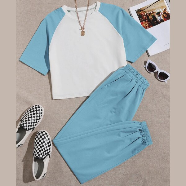 

Contrast Panel Baseball Tee & Sweatpants, Blue and white