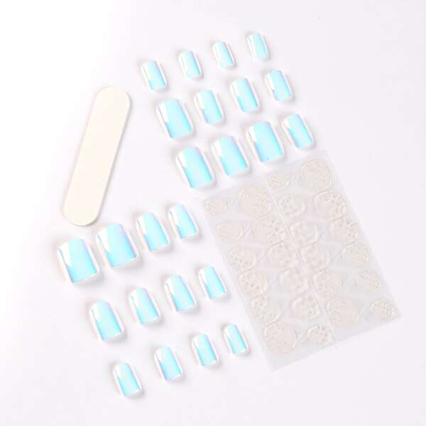

24pcs Metallic Fake Nail & 1sheet Tape & 1pc Nail File, Baby blue