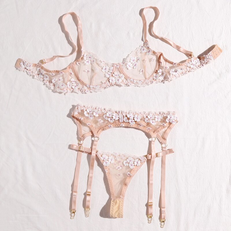 

3pack Floral Mesh Lingerie Set, Apricot