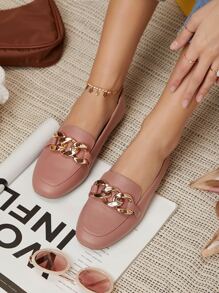 鏈條皮革一腳蹬樂福鞋 - 藕粉色 - 查看 2