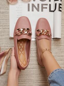 鏈條皮革一腳蹬樂福鞋 - 藕粉色 - 查看 3