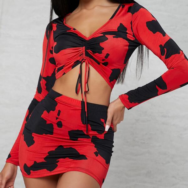

Cow Print Ruched Drawstring Crop Top & Skirt Set, Multicolor