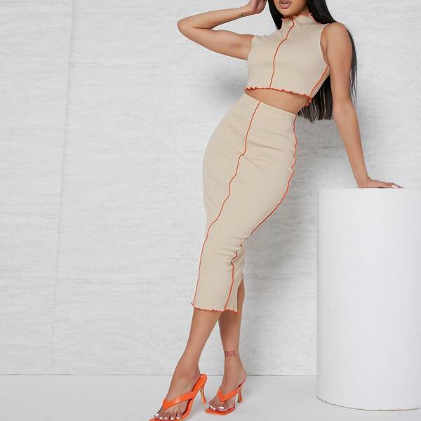 

Ribbed Lettuce-Edge Tank Top & Bodycon Skirt Set, Beige