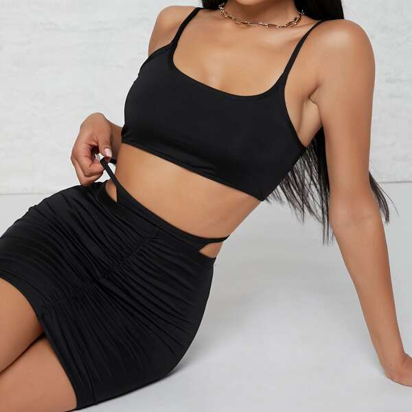 

Cropped Cami Top & Ruched Cutout Bodycon Skirt Set, Black
