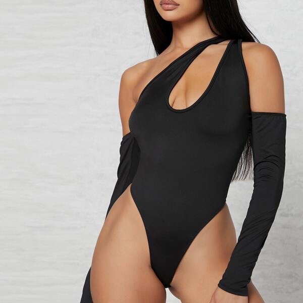 

Solid Cutout Asymmetrical Neck Bodysuit, Black
