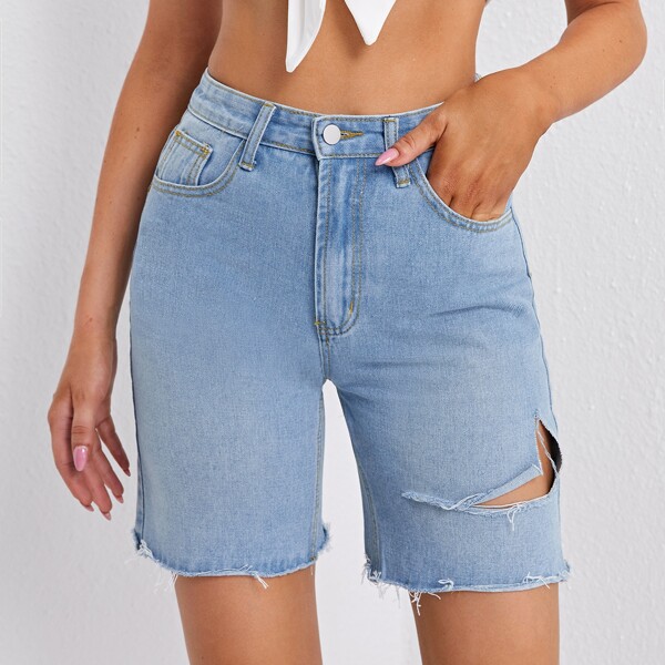 

High Waist Ripped Denim Shorts, Light wash