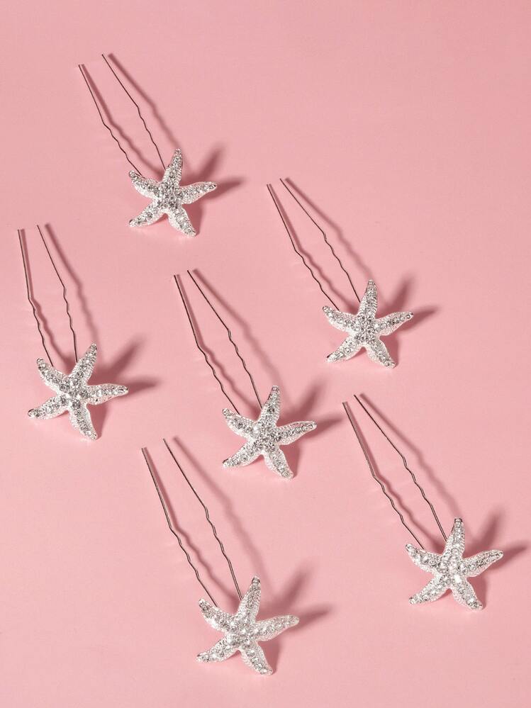 6入組海星裝飾髮夾 - 銀色 - 查看 1