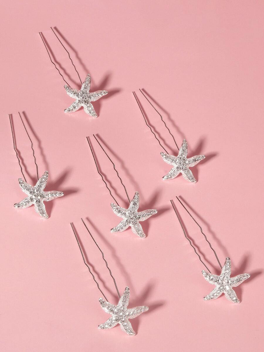 6pcs Starfish Decor Hair Pin - Silver - View 1