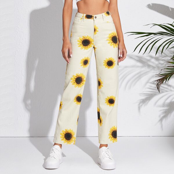 

Sunflower Print Straight Leg Jeans, Multicolor