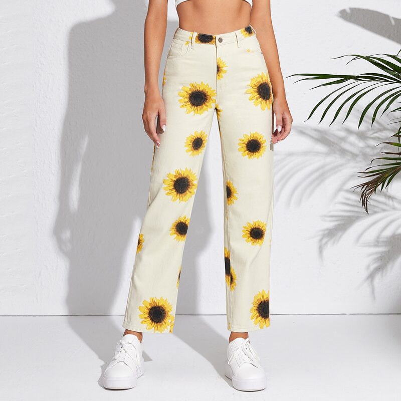 

Sunflower Print Straight Leg Jeans, Multicolor
