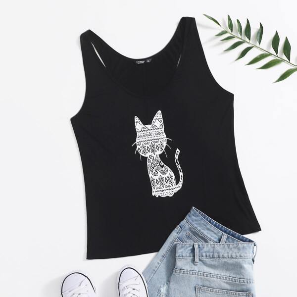 

Plus Cartoon Cat Print Tank Top, Black