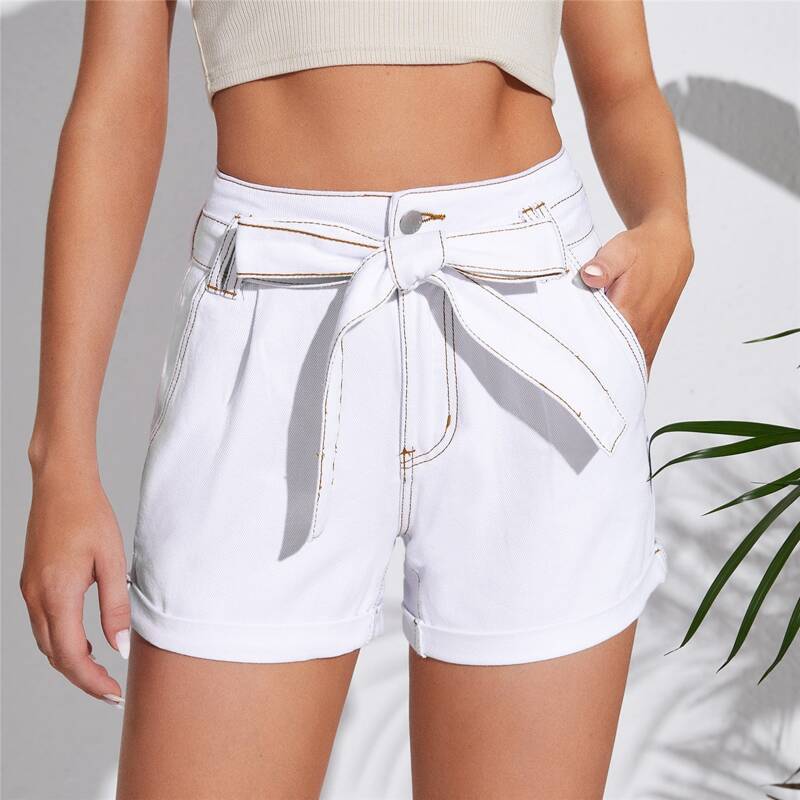 

Pocket Front Self Belted Denim Shorts, White