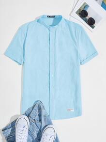 Manfinity Hypemode 男士捲邊袖貼布細節襯衫 - 藍色 - 查看 1