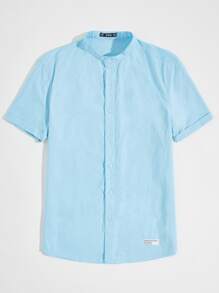 Manfinity Hypemode 男士捲邊袖貼布細節襯衫 - 藍色 - 查看 3