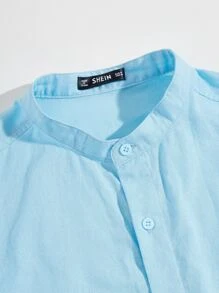 Manfinity Hypemode 男士捲邊袖貼布細節襯衫 - 藍色 - 查看 4