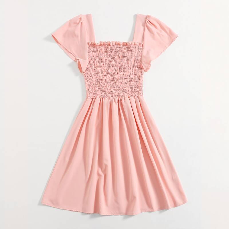 

Solid Shirred Dress, Coral pink
