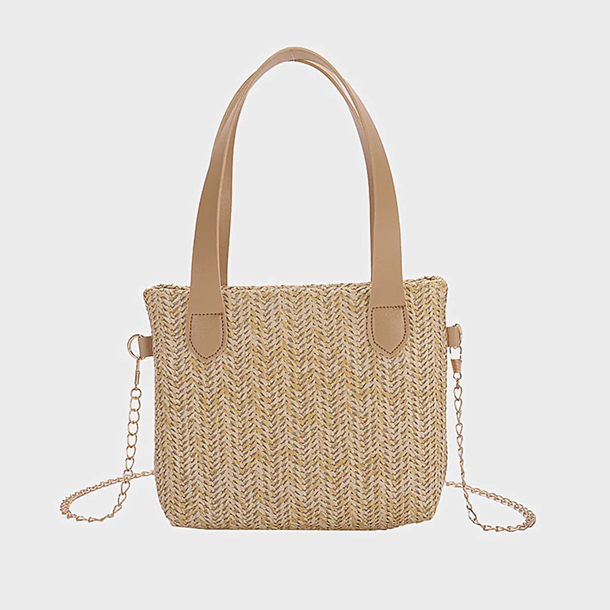 

Straw Chain Satchel Bag, Khaki