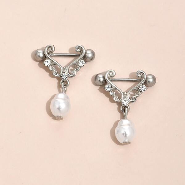 

1pair Faux Pearl Decor Nipple Stud, Silver