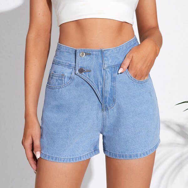 

Solid Button Fly Denim Shorts, Light wash