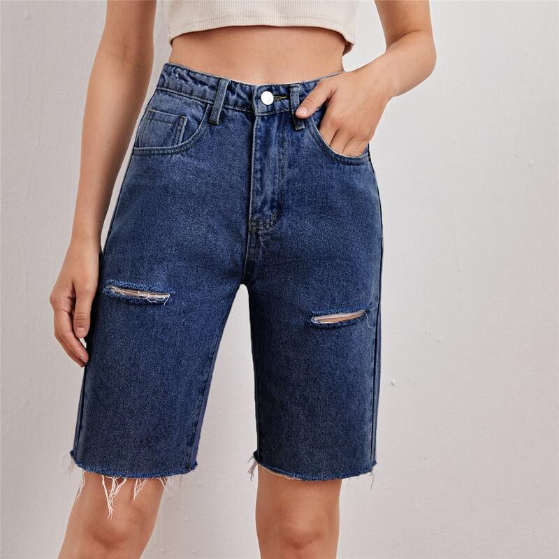 

High Waist Ripped Raw Hem Denim Shorts, Dark wash