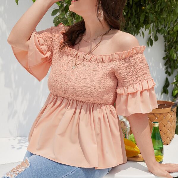 

Plus Shirred Off The Shoulder Peplum Blouse, Baby pink