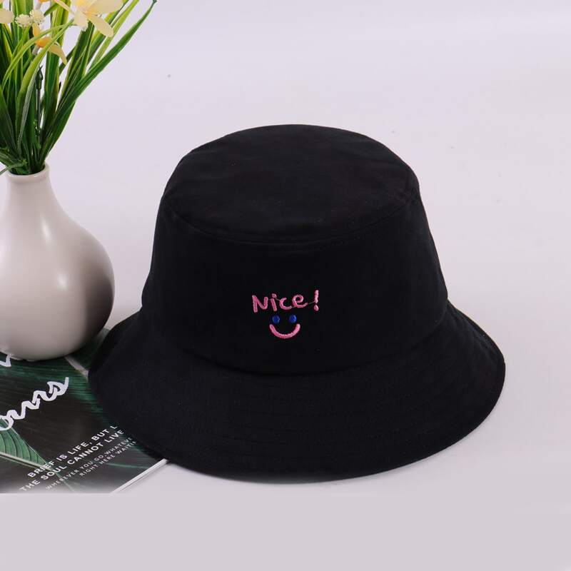 

Letter & Smile Embroidery Bucket Hat, Black