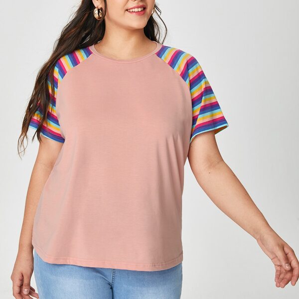 

Plus Rainbow Striped Raglan Sleeve Tee, Dusty pink