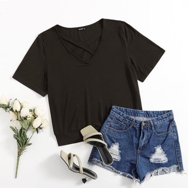 

Plus Solid Criss Cross Neck Tee, Brown