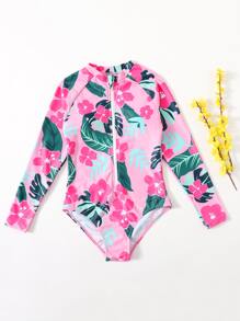 Tween Girl Floral & Tropical Print Zipper One Piece Swimsuit - Multicolor - View 1