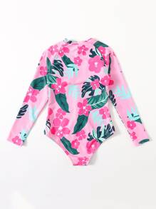 Tween Girl Floral & Tropical Print Zipper One Piece Swimsuit - Multicolor - View 2