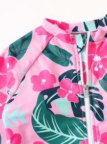 Tween Girl Floral & Tropical Print Zipper One Piece Swimsuit - Multicolor - View 3