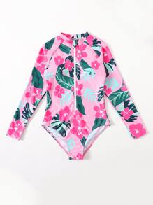 Tween Girl Floral & Tropical Print Zipper One Piece Swimsuit - Multicolor - View 4