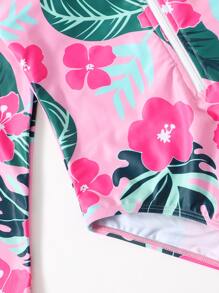 Tween Girl Floral & Tropical Print Zipper One Piece Swimsuit - Multicolor - View 5