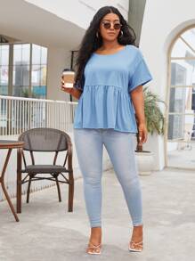 SHEIN Unity Áo thun Plus size Viên lá sen màu trơn Giải trí - Màu xanh nhạt - Xem 3