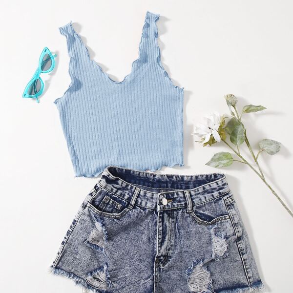 

Solid Rib-knit Lettuce Trim Tank Top, Baby blue