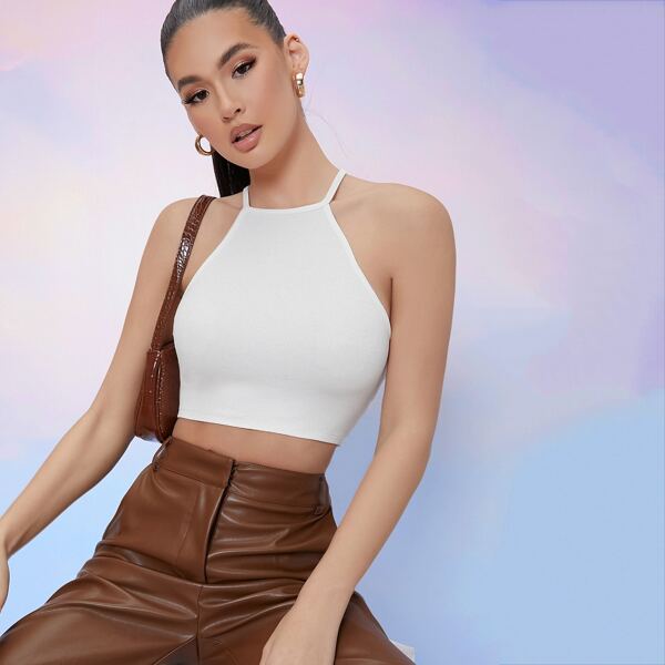 

Open-Back Cropped Halter Top, White