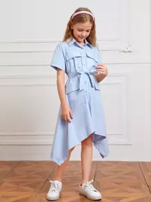 SHEIN 女孩翻蓋口袋手帕邊腰帶襯衫洋裝