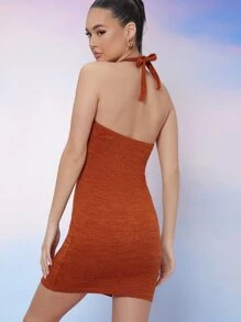 SHEIN Bodycon Self-Tie Halter Mini Dress - Rust Brown - View 2