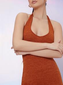 SHEIN Bodycon Self-Tie Halter Mini Dress - Rust Brown - View 4