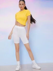 SHEIN Áo thun Bất đối xứng màu trơn Giải trí - Màu vàng - Xem 4